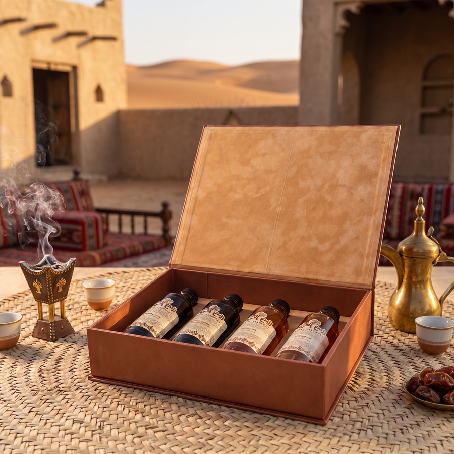 بوكس عسل التراث الفاخر مفتوح ويحتوي على 4 عبوات عسل سدر وسمر في مجلس إماراتي تقليدي